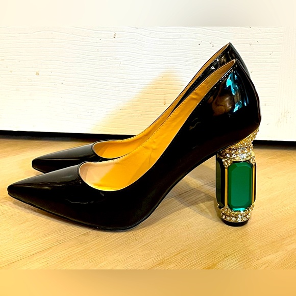 FSJ Women Bridal Pointed Toe Chunky High Heel Crystal Pumps Slip on Wedding Thic - Picture 1 of 12